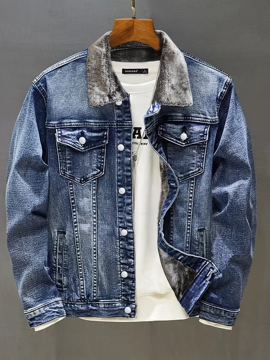Jeansjacka med foder i teddytyg, ljusblå denim vinterjacka för män