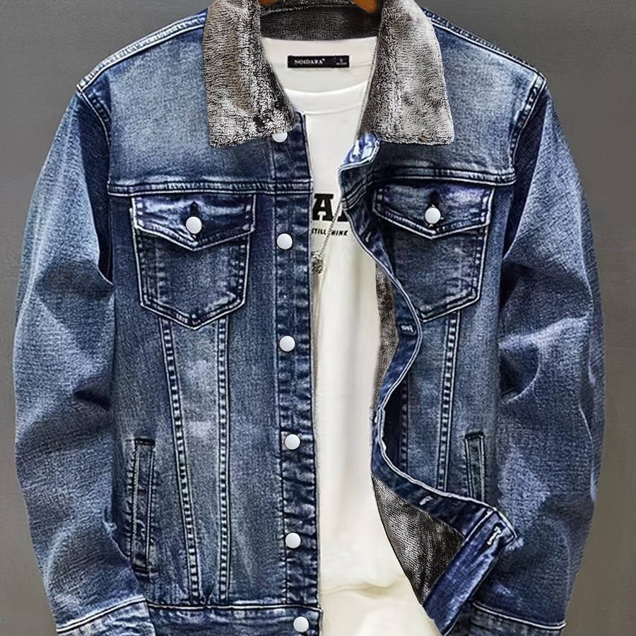 Jeansjacka med foder i teddytyg, ljusblå denim vinterjacka för män