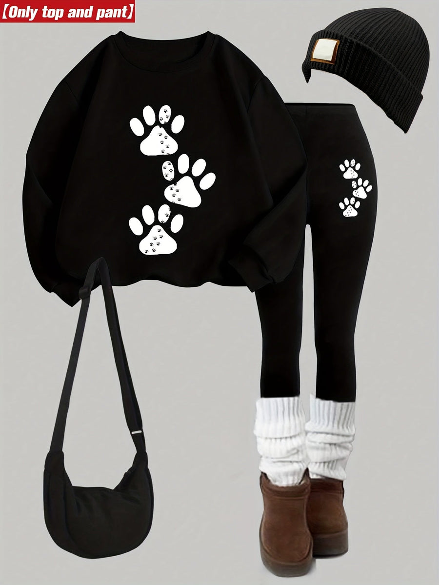 Set med sweatshirt och leggings med tassavtryck