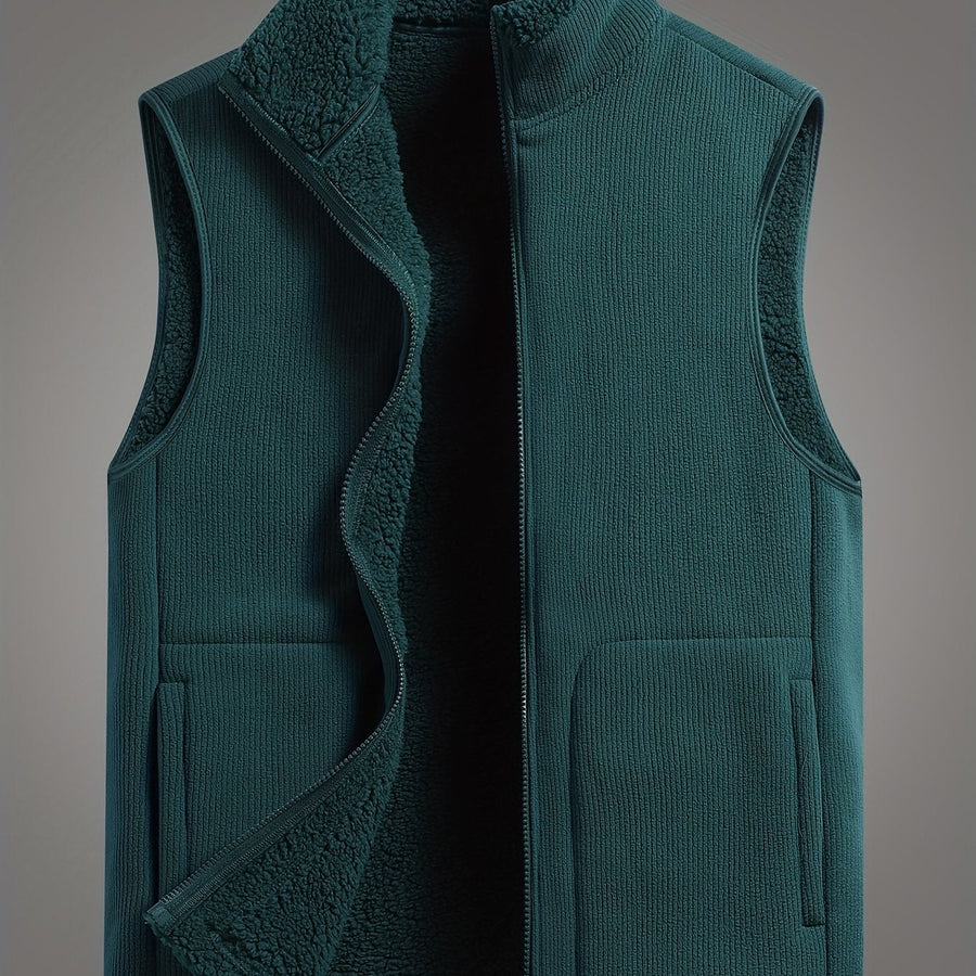 Unisex Ribbad Väst med Fleecefoder och Dragkedja, Fickor, Stående Krage