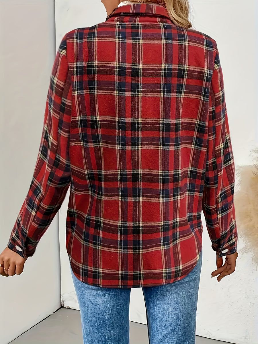 Rutig Fodrad Skjortjacka med Knappar och Bröstficka