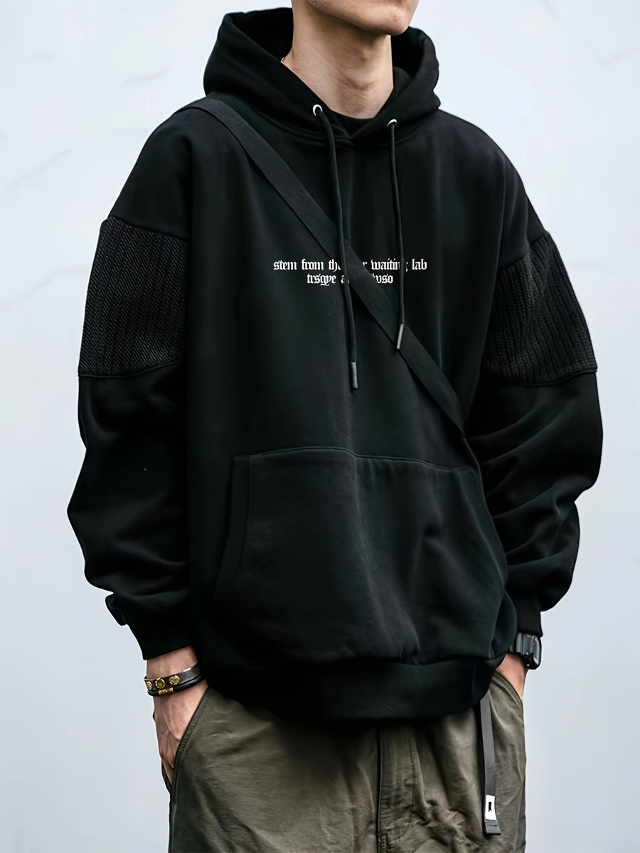 Herrhoodie med ficka och texttryck, stickade detaljer på ärmarna, khaki/svart