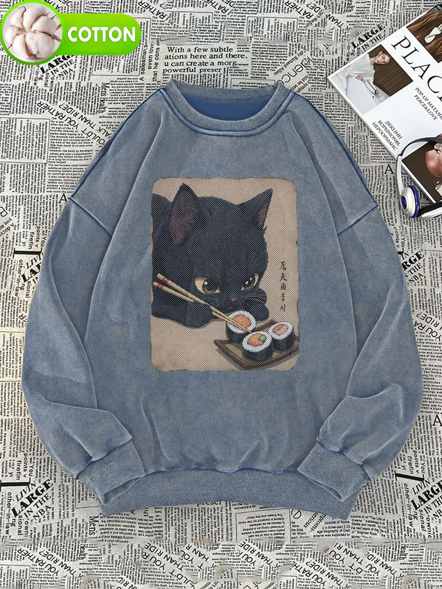 Unisex Tröja med Svart Kattmotiv som Äter Sushi, Långärmad Översize Sweatshirt