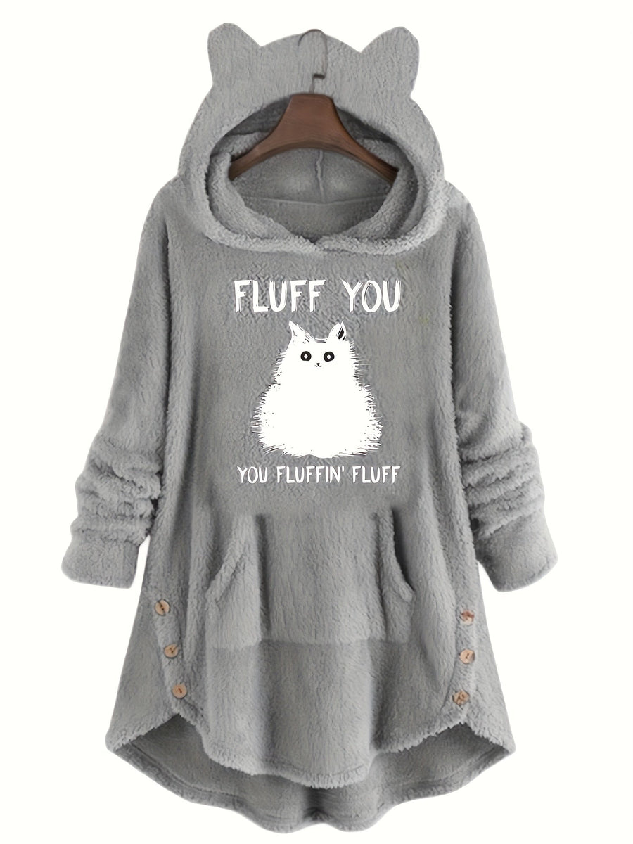 Hoodie för Dam med Kattöron, Kattmotiv och Fickor i Fuskpäls, Burgund/Grå