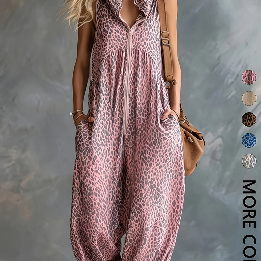 Leopardmönstrad damjumpsuit med huva och dragkedja, ärmlös