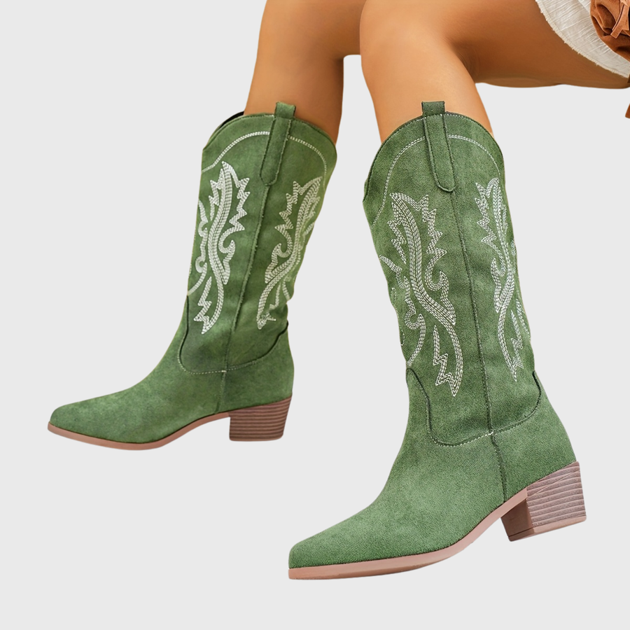 Cowboystövlar med broderier, mellanhög klack, beige