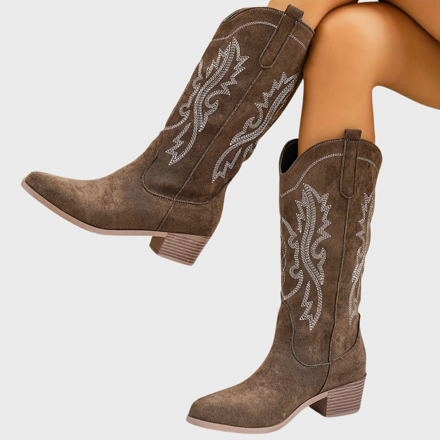 Cowboystövlar med broderier, mellanhög klack, beige