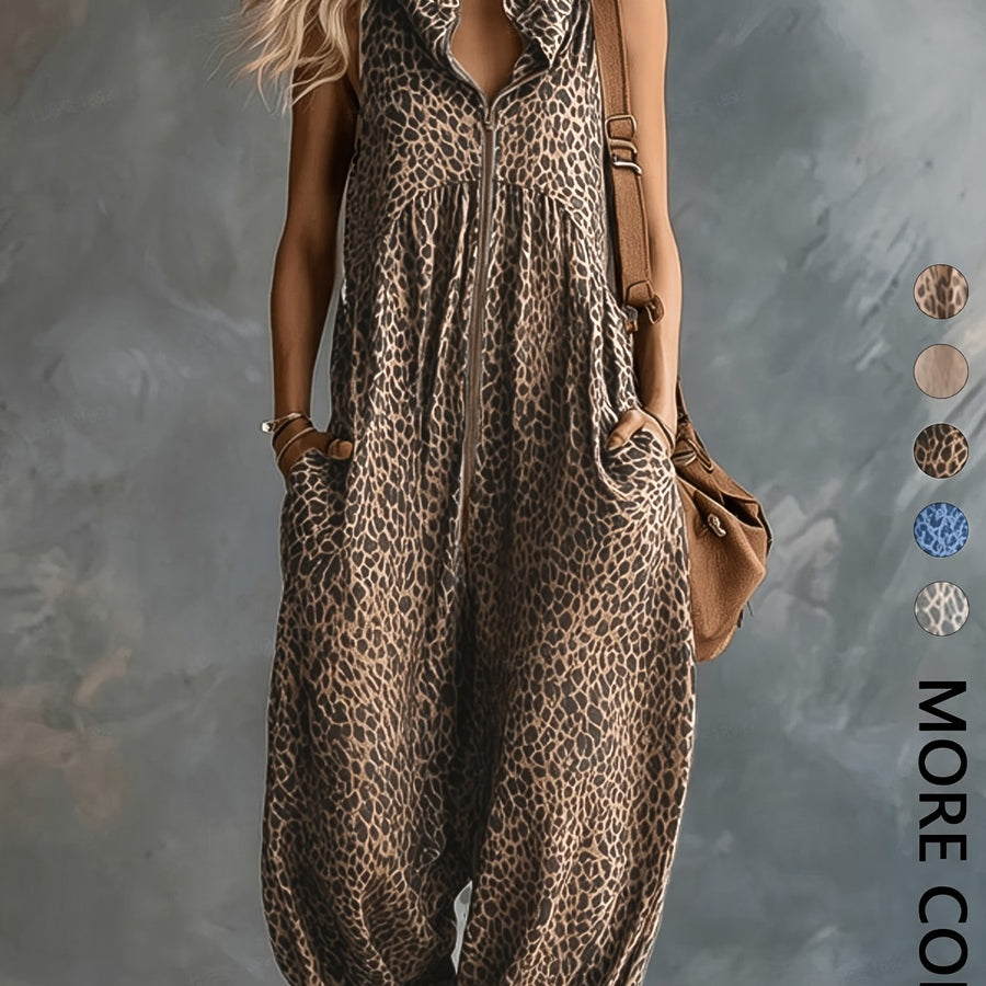 Leopardmönstrad damjumpsuit med huva och dragkedja, ärmlös