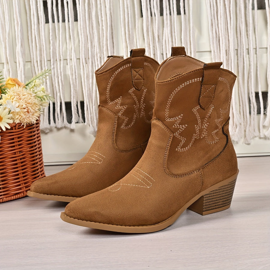 Cowboykängor med broderi i mockaimitation, blockklack, spetsig tå, damskor