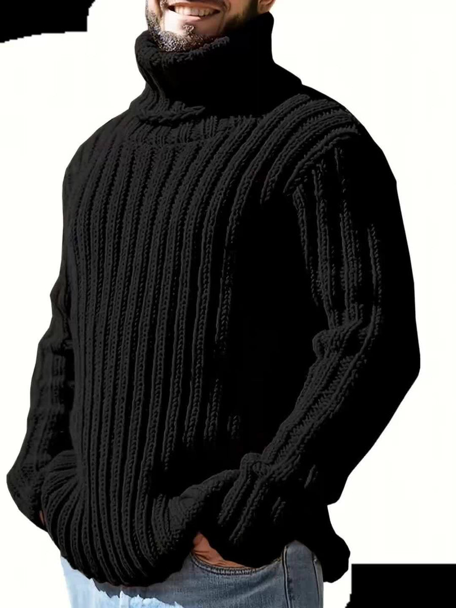 Herr stickad tröja med polokrage, ribbad, långärmad, svart