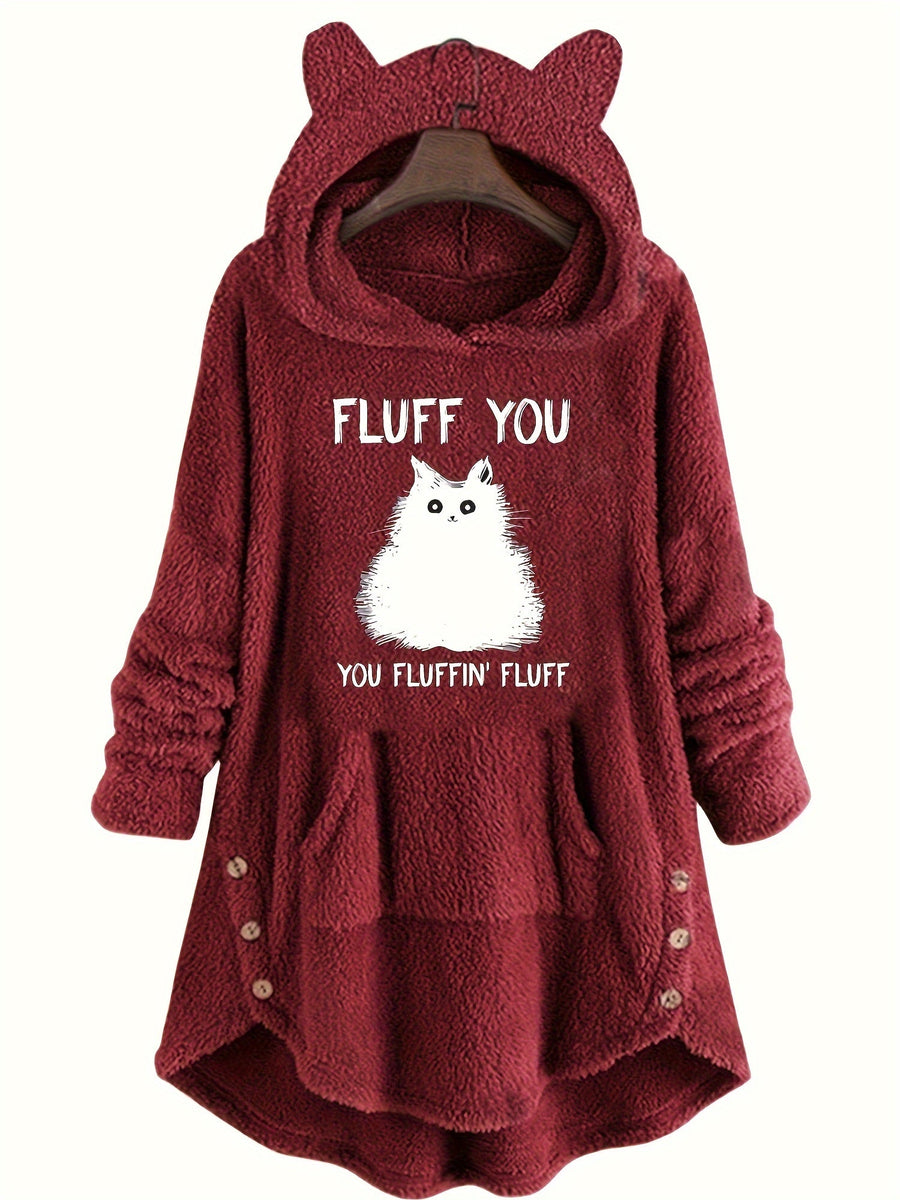 Hoodie för Dam med Kattöron, Kattmotiv och Fickor i Fuskpäls, Burgund/Grå