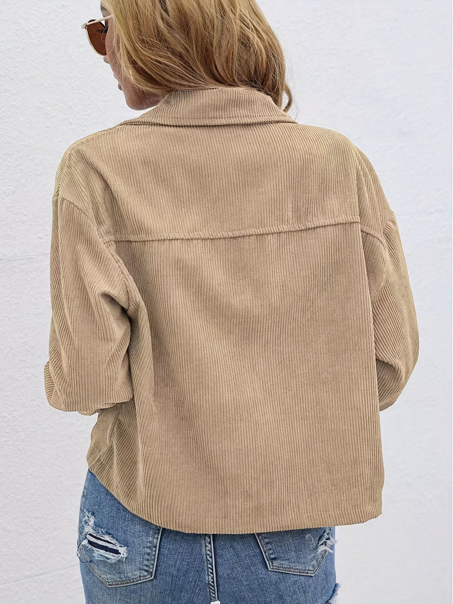 Dam Corduroy Skjortjacka, Beige Ribbad Krage Framfickor