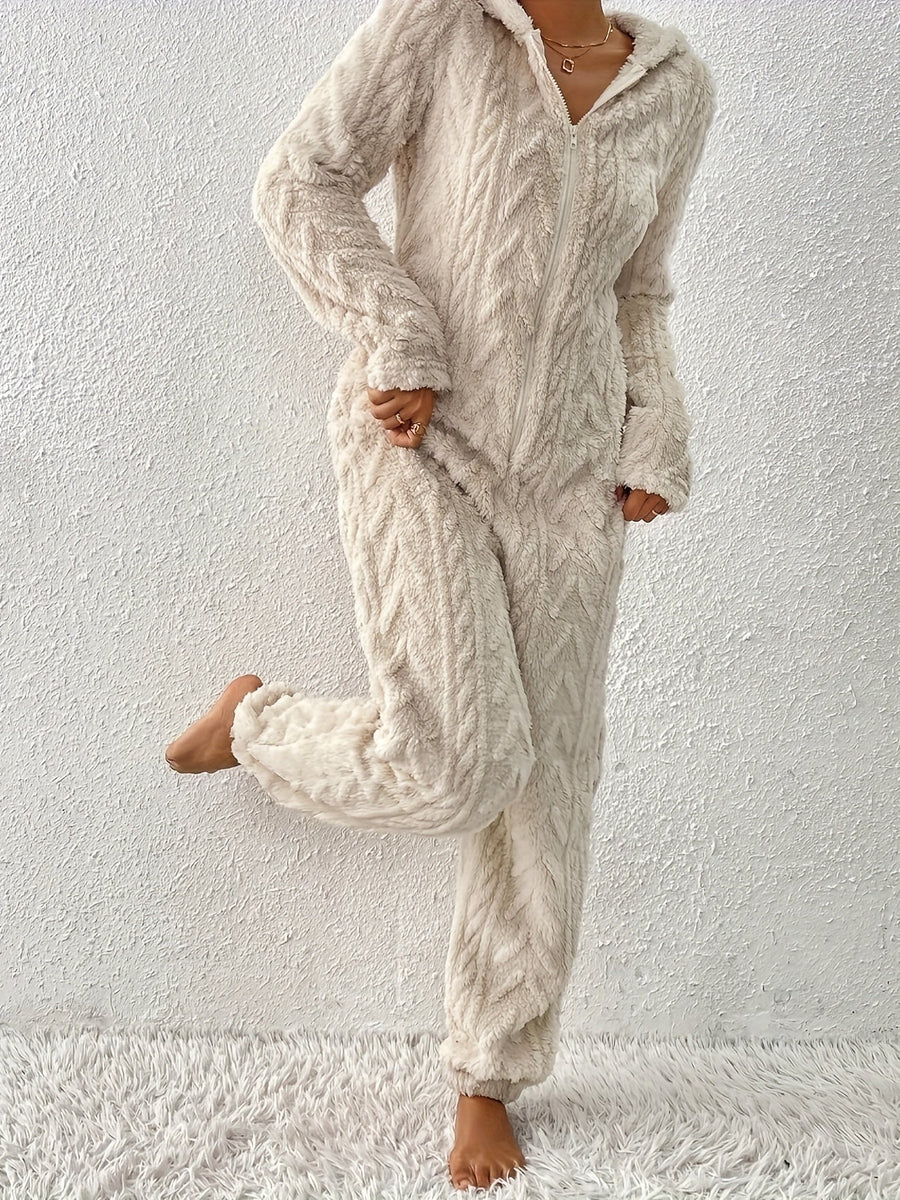 Dam Beige Teddy Overall med Huva och Dragkedja