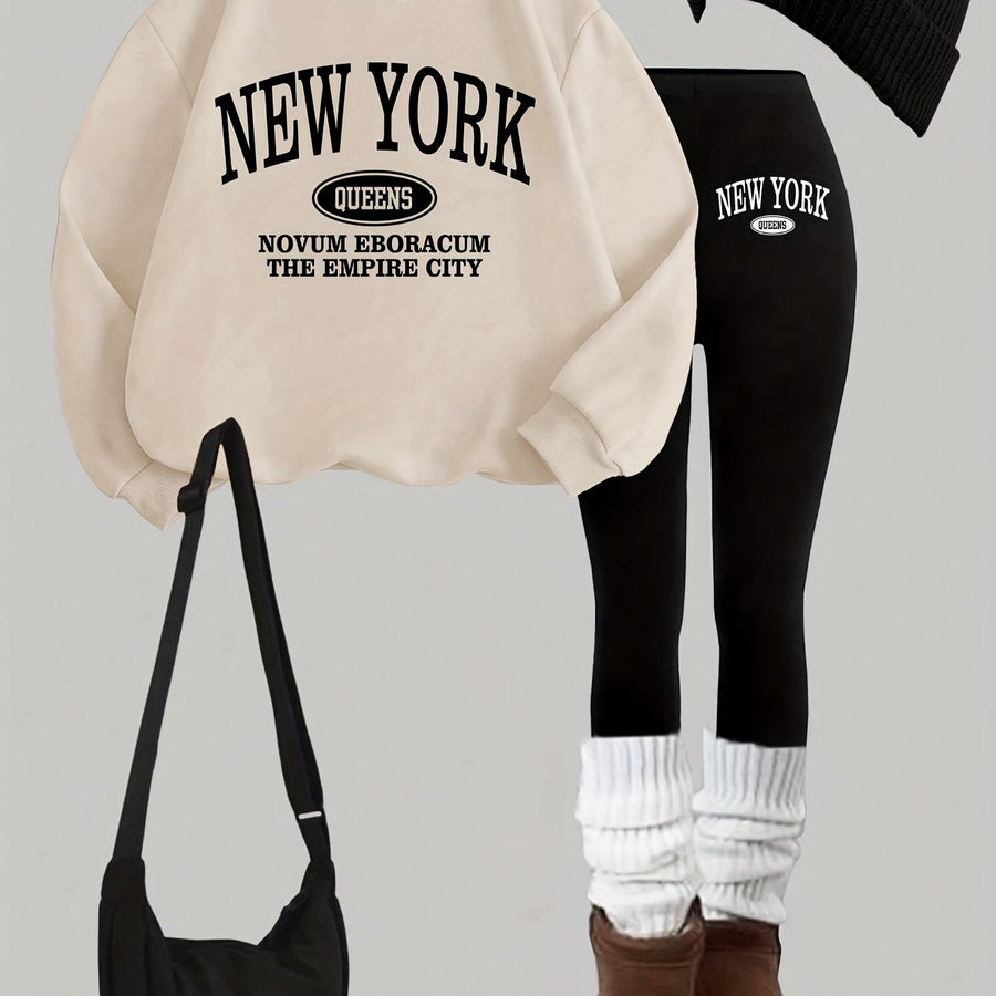 Dam Tröja & Leggings Set med New York-tryck, Rundhals, Långa Ärmar