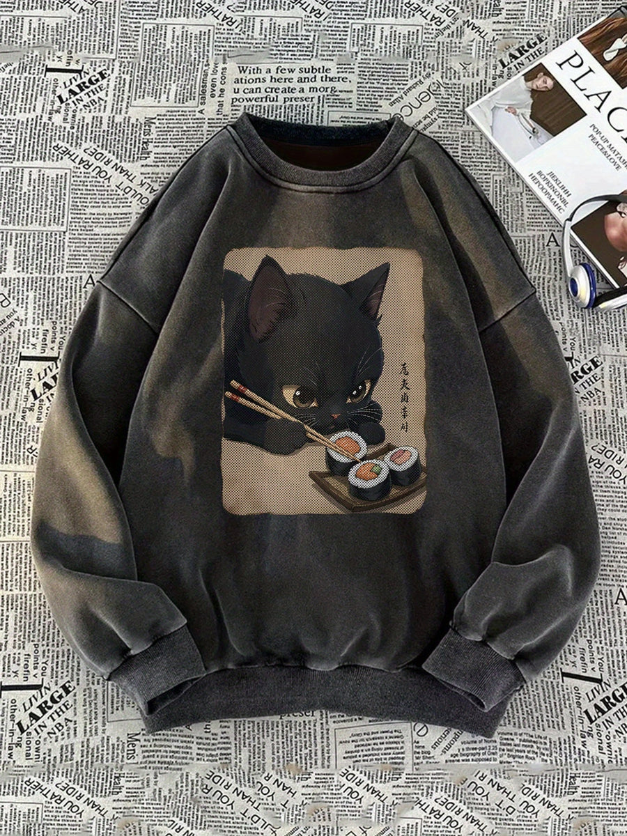Unisex Tröja med Svart Kattmotiv som Äter Sushi, Långärmad Översize Sweatshirt