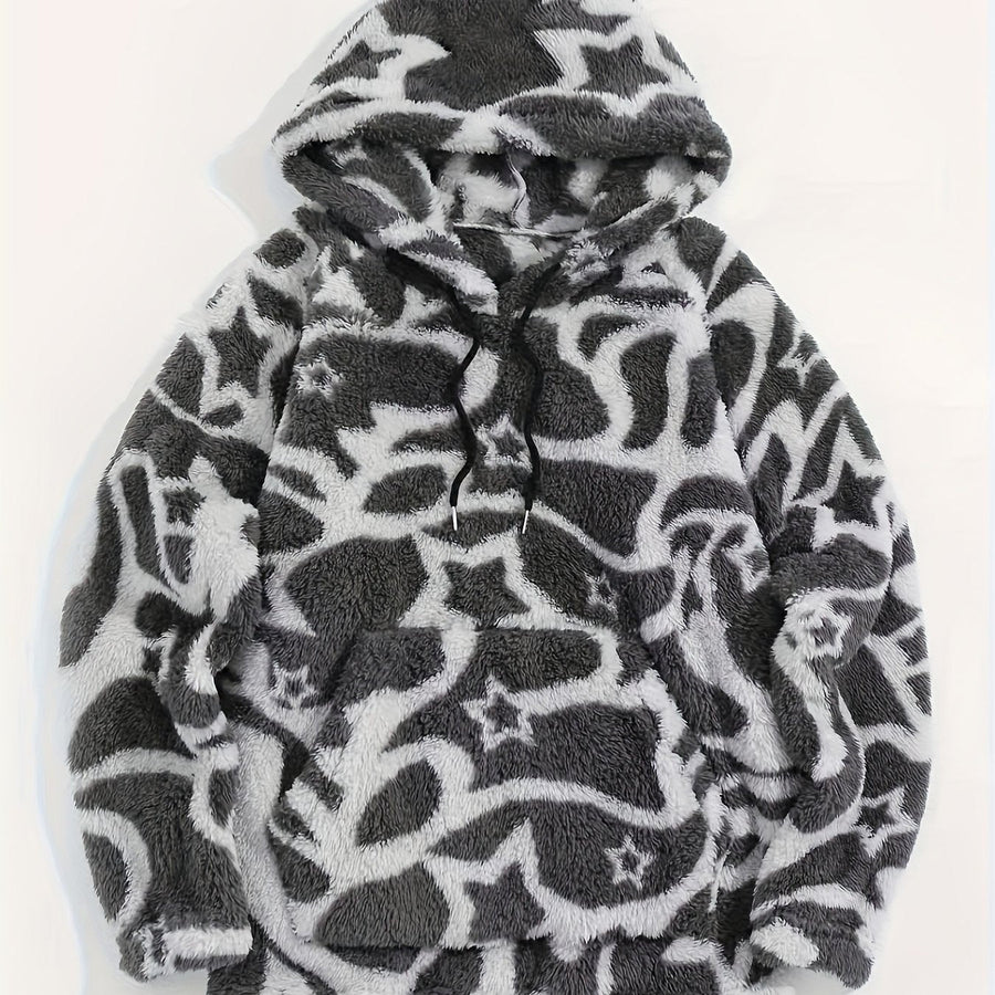 Unisex mysig hoodie med mönster och luva, känguruficka