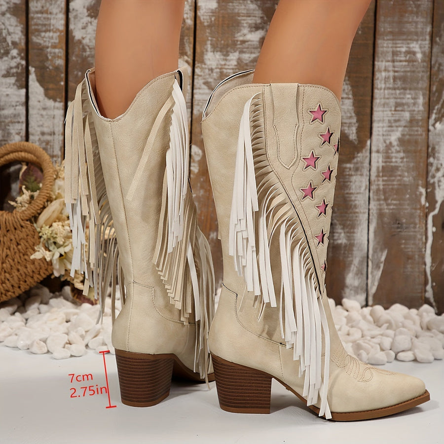 Cowboyboots med stjärnor och fransar – Beige