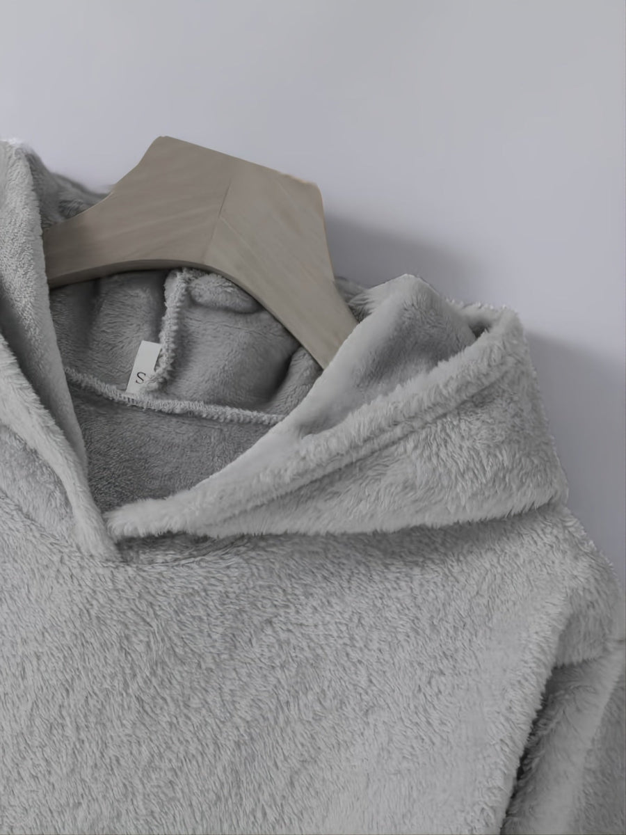 Hoodie för Dam med Kattöron, Kattmotiv och Fickor i Fuskpäls, Burgund/Grå