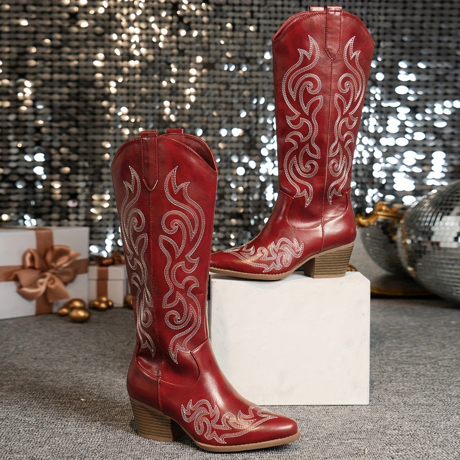 Cowboy Stövlar för Dam med Broderade Detaljer och Kilklack