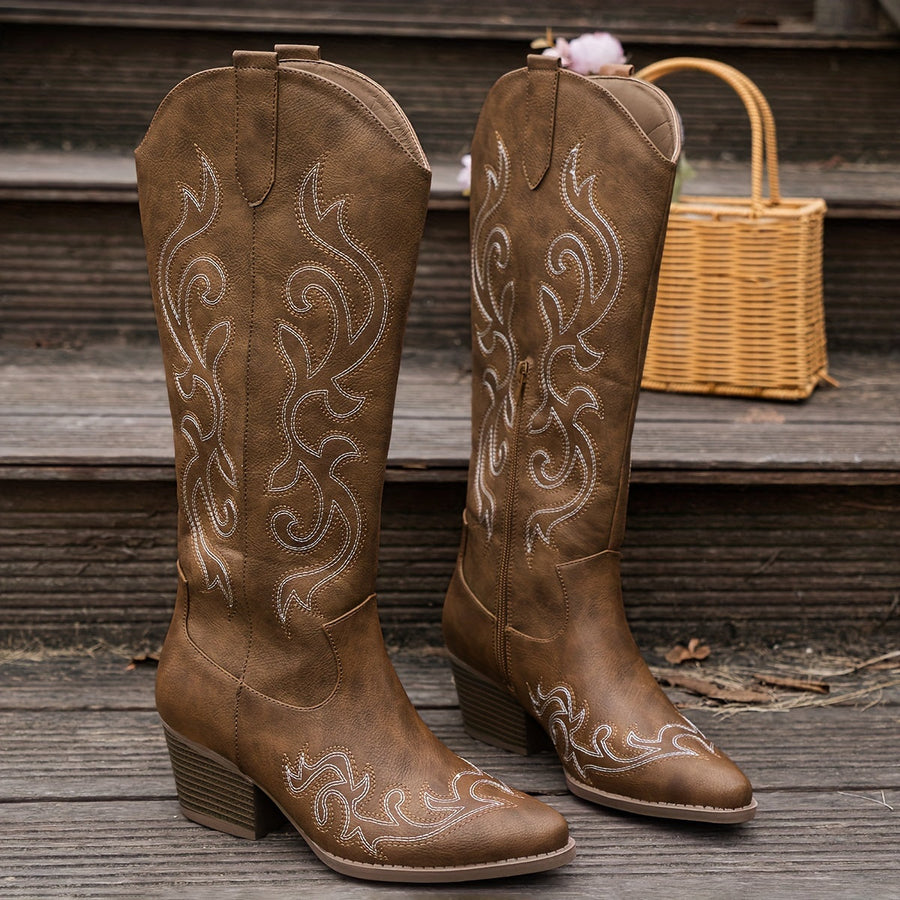 Cowboy Stövlar för Dam med Broderade Detaljer och Kilklack