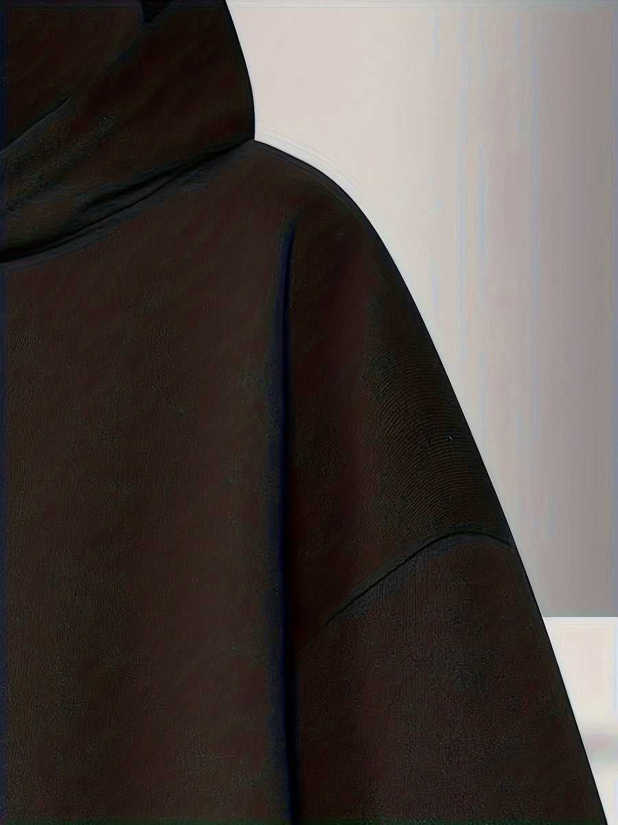 Svart hoodie med hög krage, dragkedja och huva, oversized modell med fickor