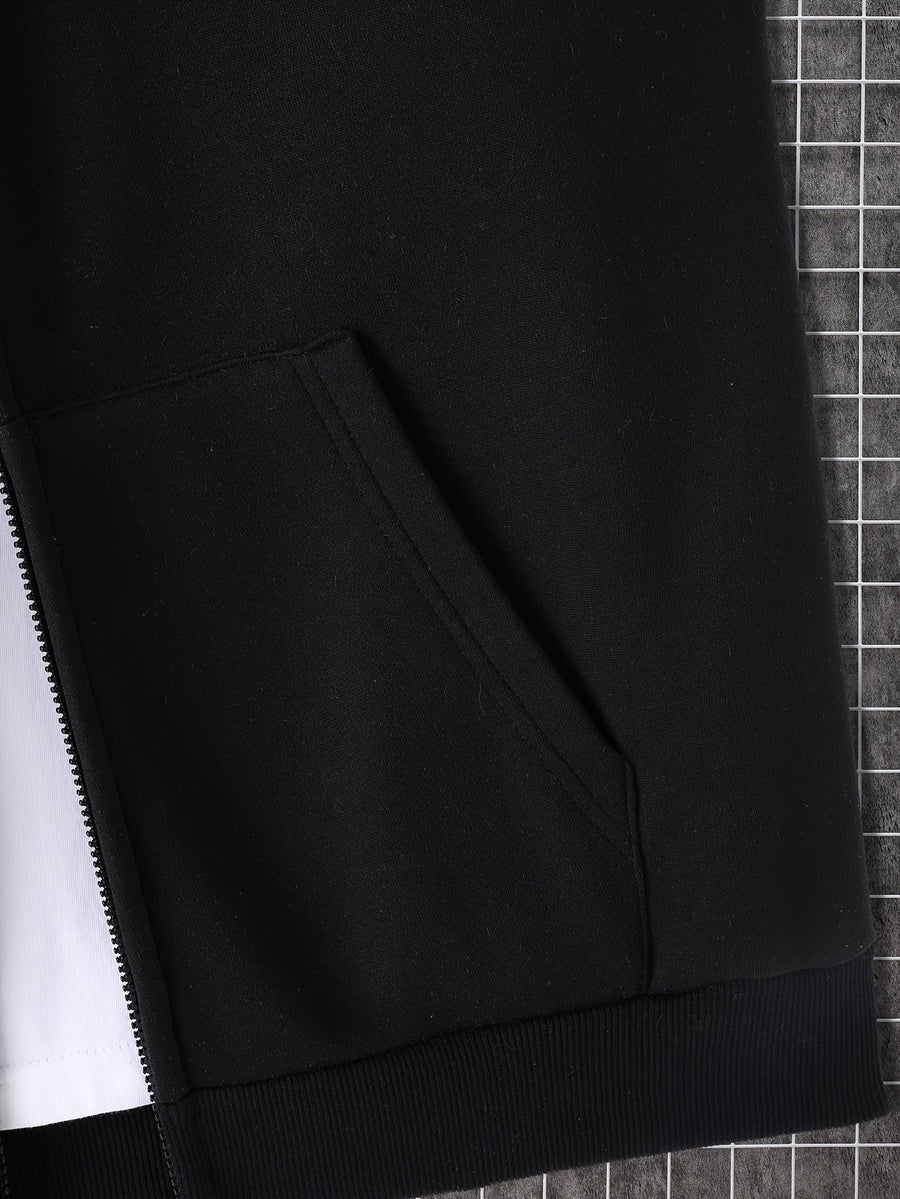 Svart Ärmlös Hoodie med Dragkedja och Röd Huva, Mjukt Foder, 'LOVE'-tryck