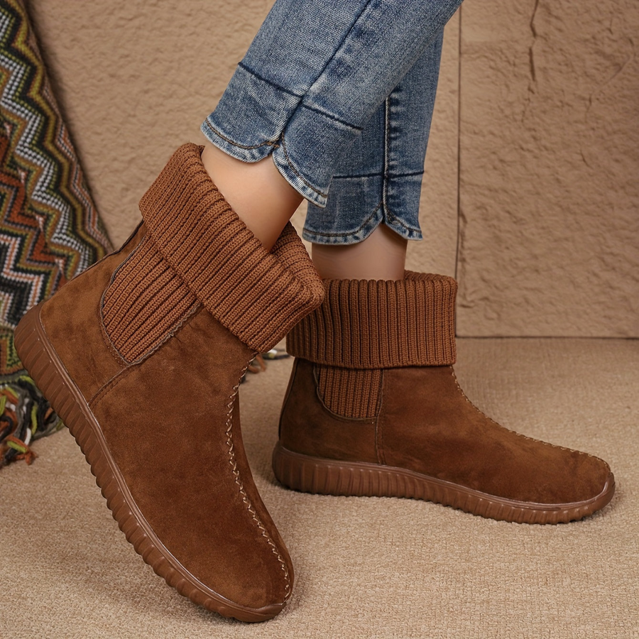 Bruna ankelboots med stickad mudd för dam