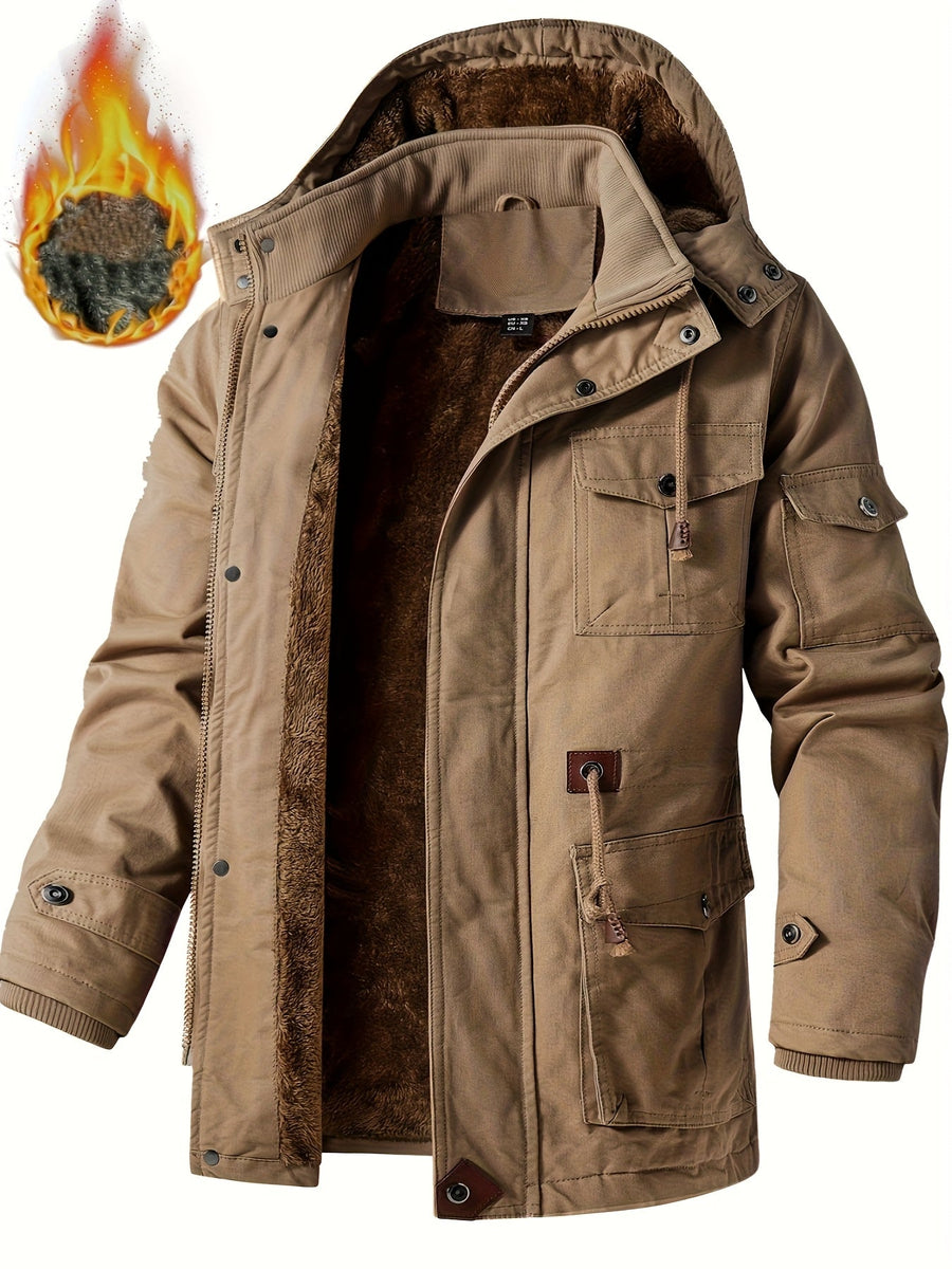 Herr Parkas Jacka med Huva, Fuskpälsfoder och Fickor, Vinterjacka