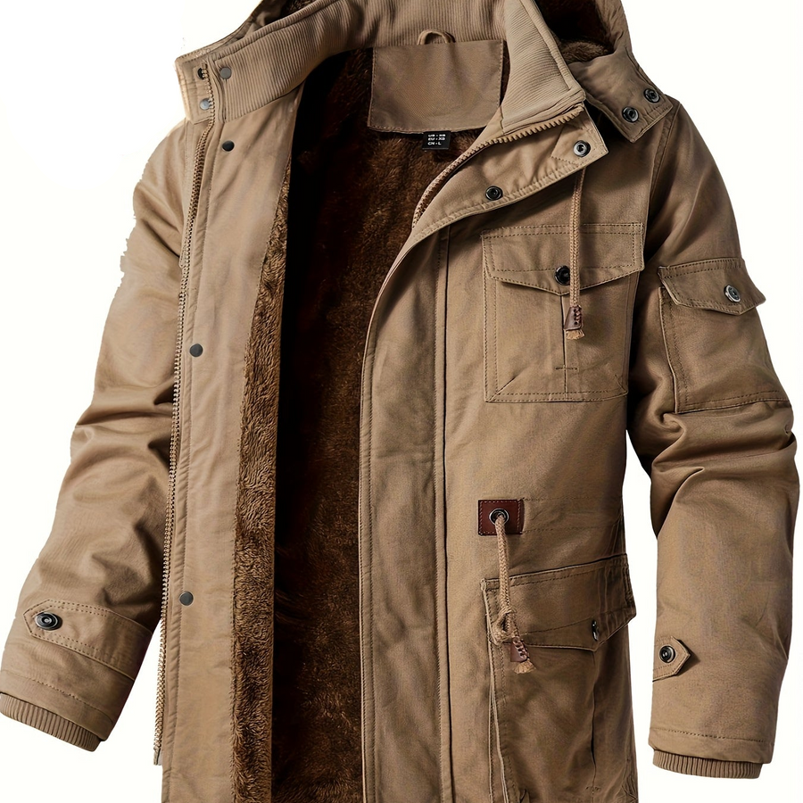 Herr Parkas Jacka med Huva, Fuskpälsfoder och Fickor, Vinterjacka