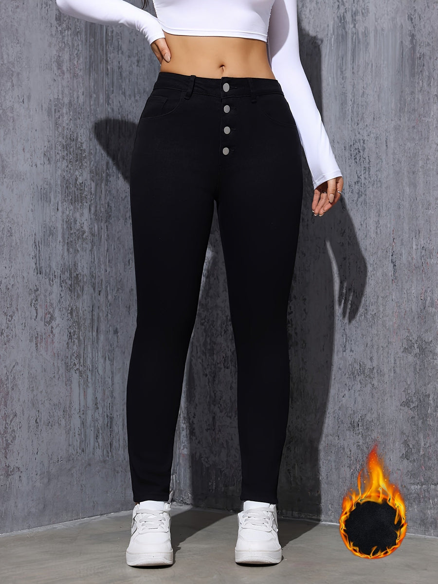 Svarta Damjeans med Hög Midja och Knappar, Fodrade