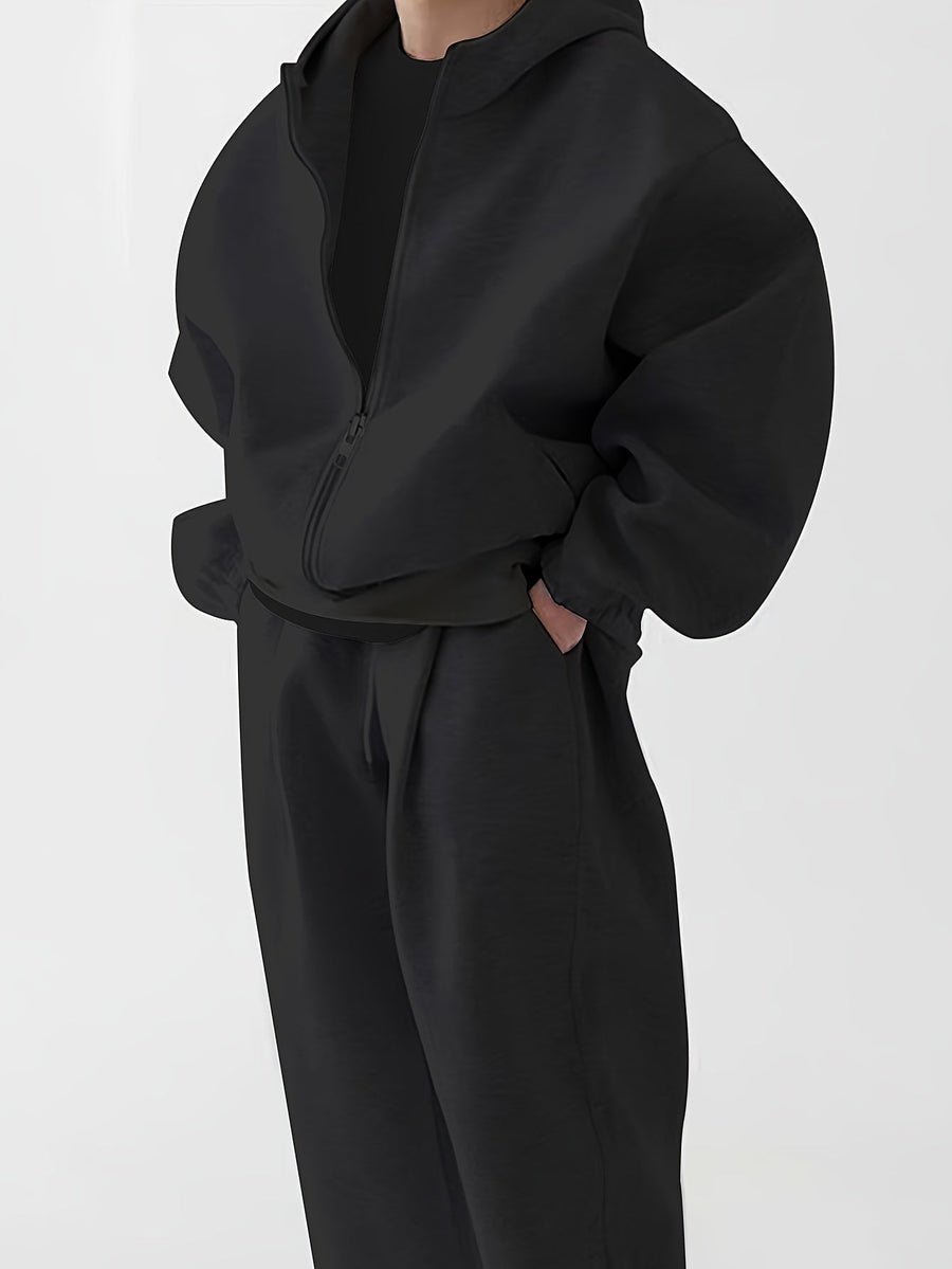 Hoodie och Mjukisbyxor Set, Ensfärgad Träningsset med Dragkedja