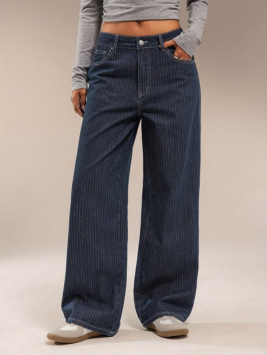 Mörkblå Ränder Vida Jeans för Dam