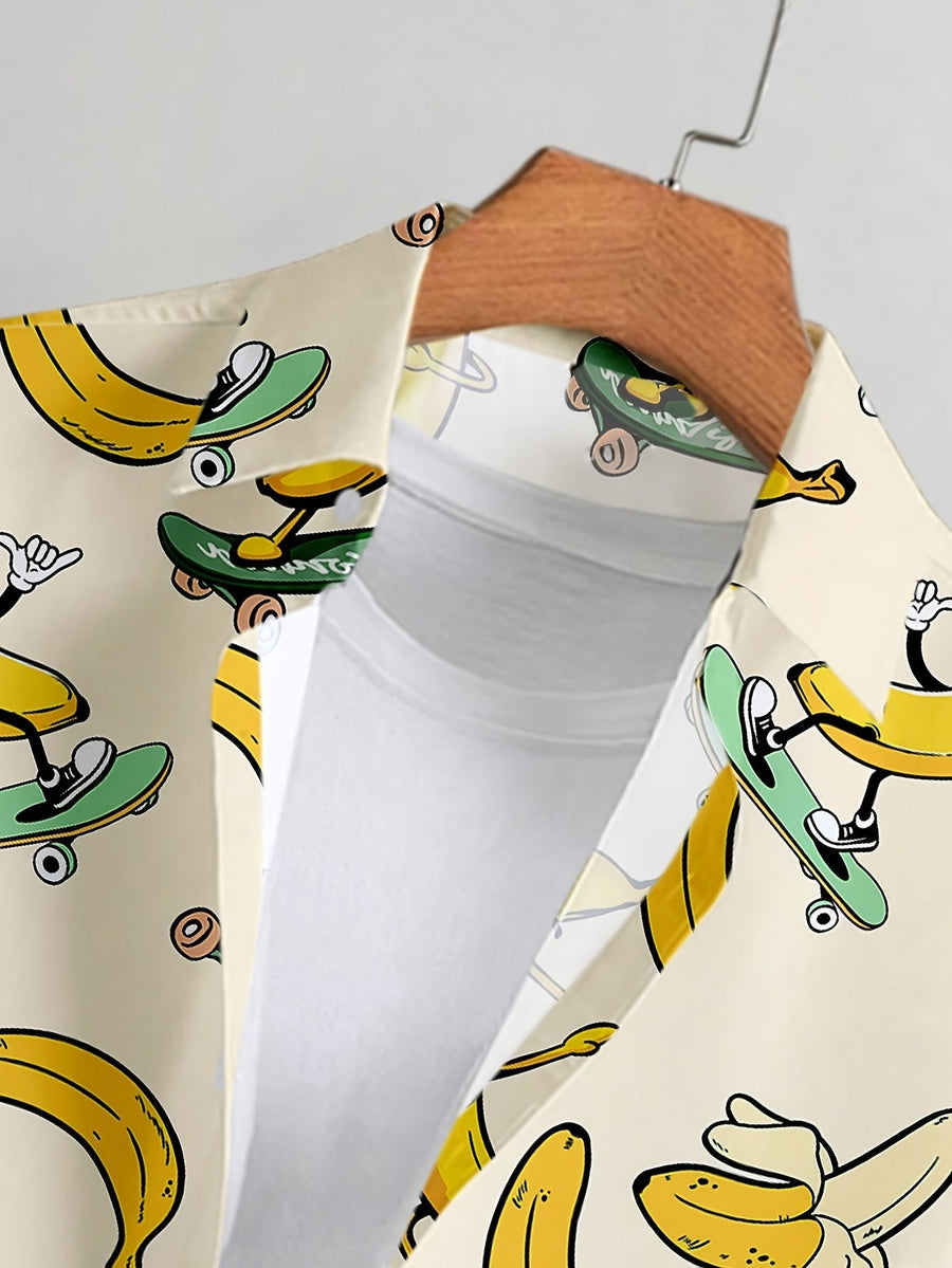 Herr Skjorta med Roliga Bananer på Skateboard – Somrig Kortärmad Party Skjorta