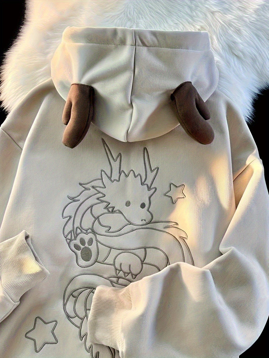 Beige Hoodie med Drakmönster och Horn, Dragkedja, Ribbade Muddar, Lös Passform