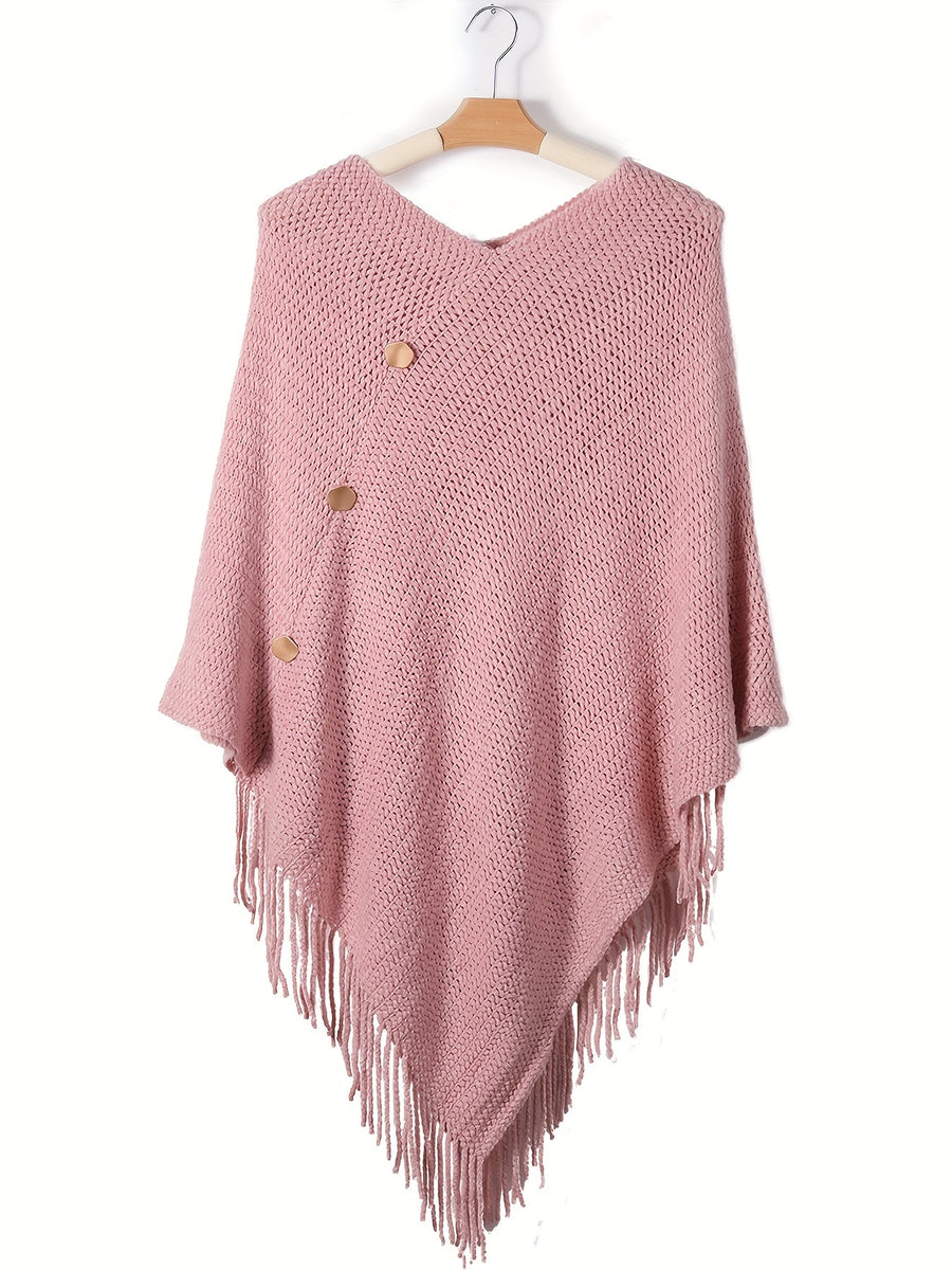 Stickad Poncho med Fransar och Knappar, V-ringning, Flera Färger