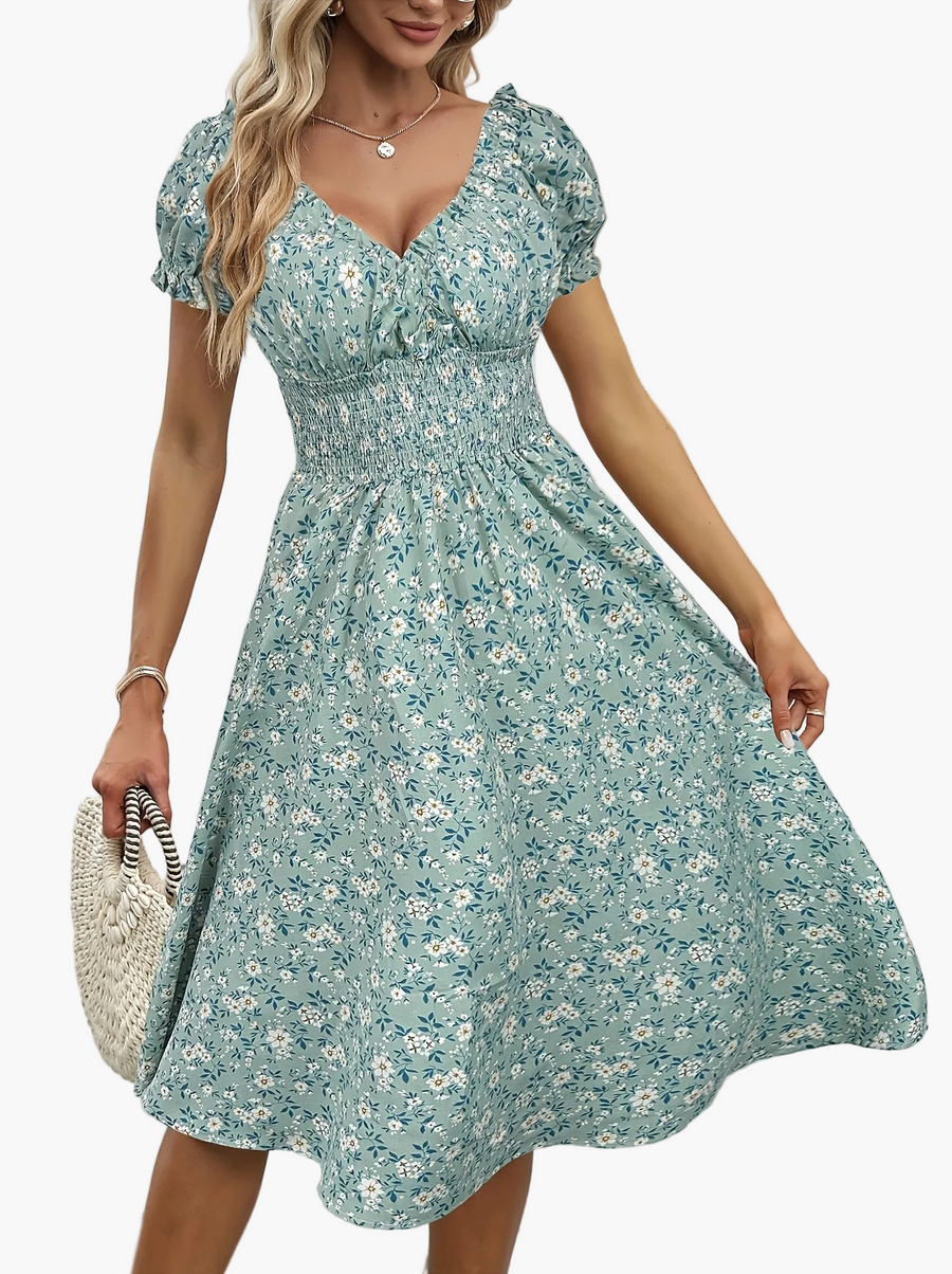Damklänning Elegant Sommar Fladdrande Ärmar V-ringad Blommig Fritidsstil