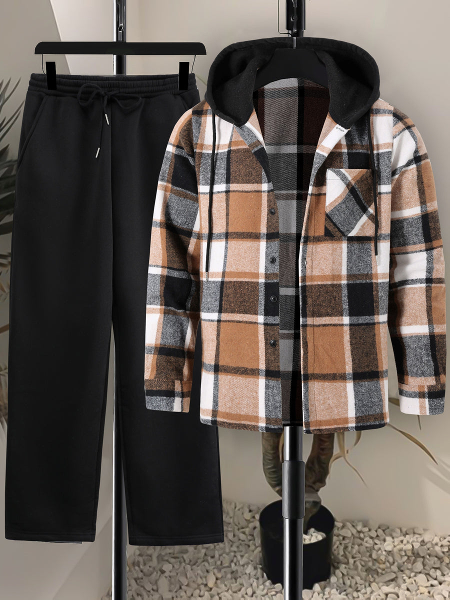 Rutig Hoodietröja med Skjortkrage och Byxor, Herrset med Långärmad Tröja och Sweatpants