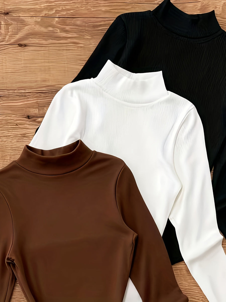 Bodysuit med polokrage, lång ärm, svart, vit och brun