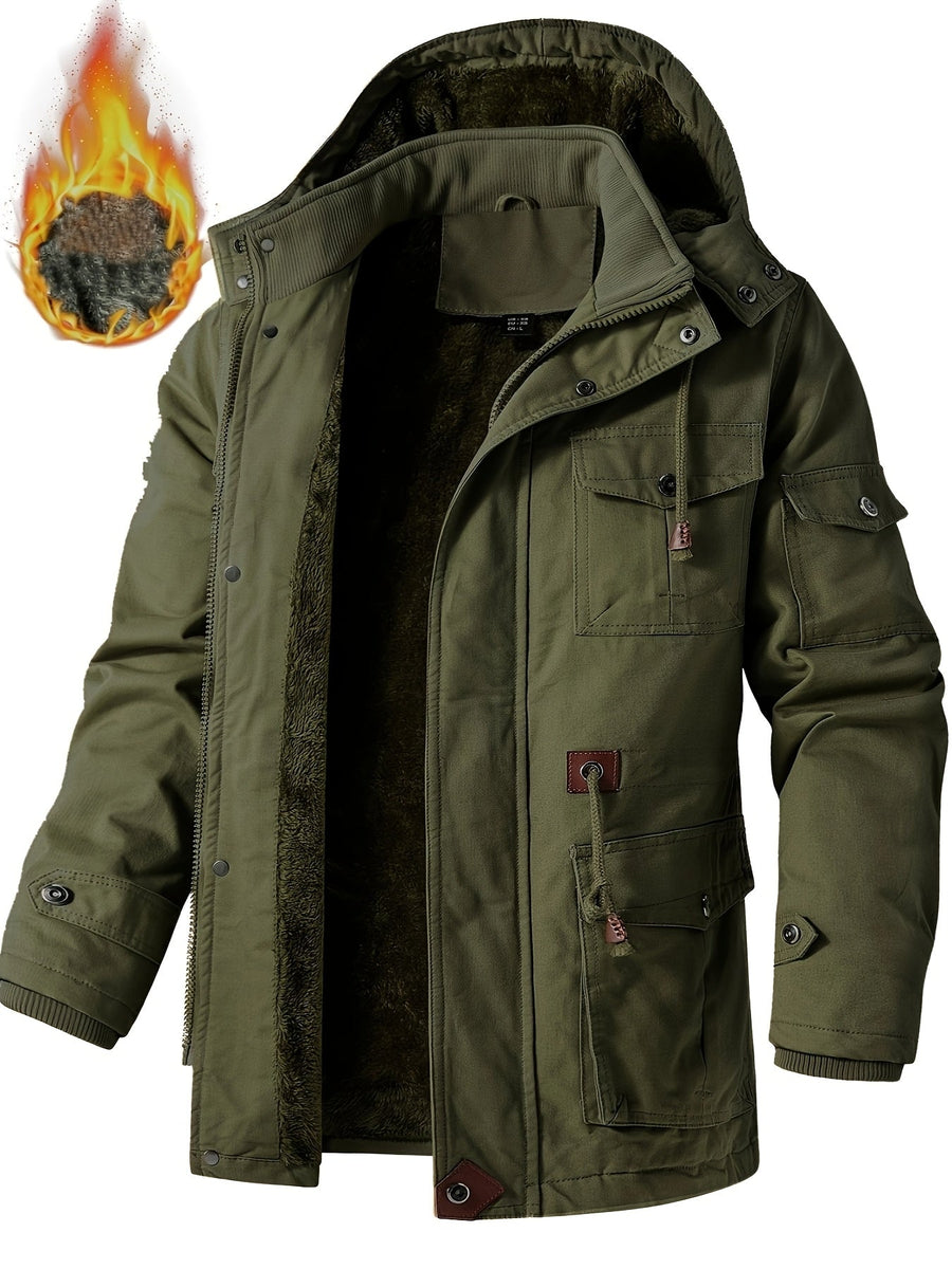 Herr Parkas Jacka med Huva, Fuskpälsfoder och Fickor, Vinterjacka