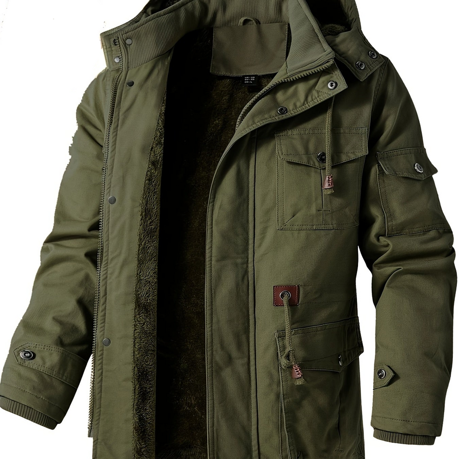 Herr Parkas Jacka med Huva, Fuskpälsfoder och Fickor, Vinterjacka