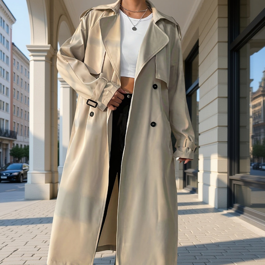 Dam Trenchcoat Lång Beige Dubbelknäppt med Skärpdetalj
