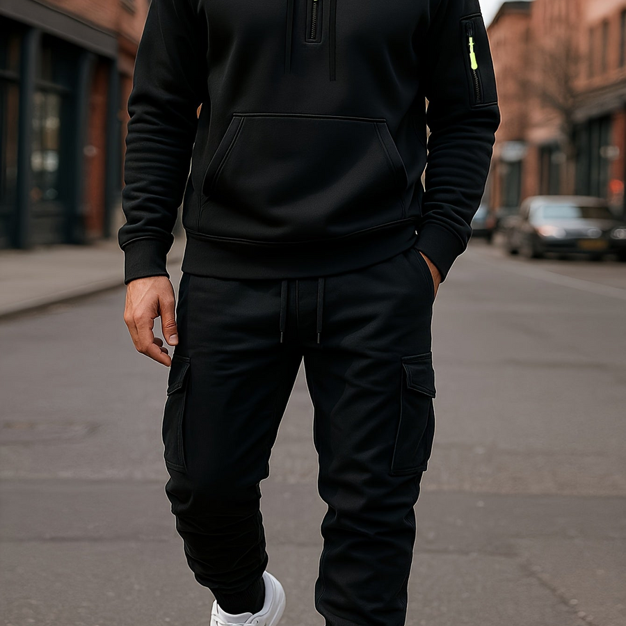 Grå herr hoodie och cargobyxa set med kvartsdragkedja och fickor