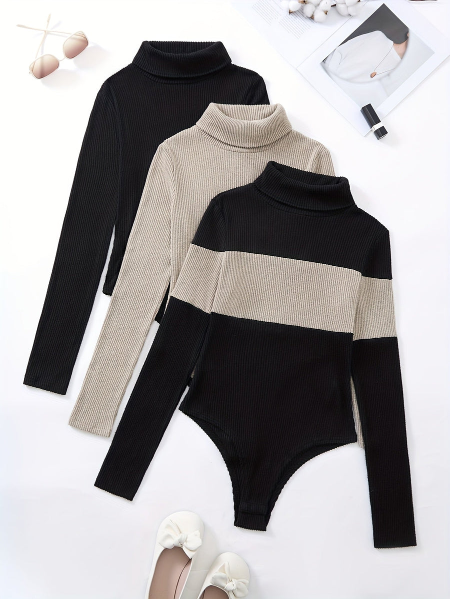 Ribbad turtleneck bodysuit långärmad dam