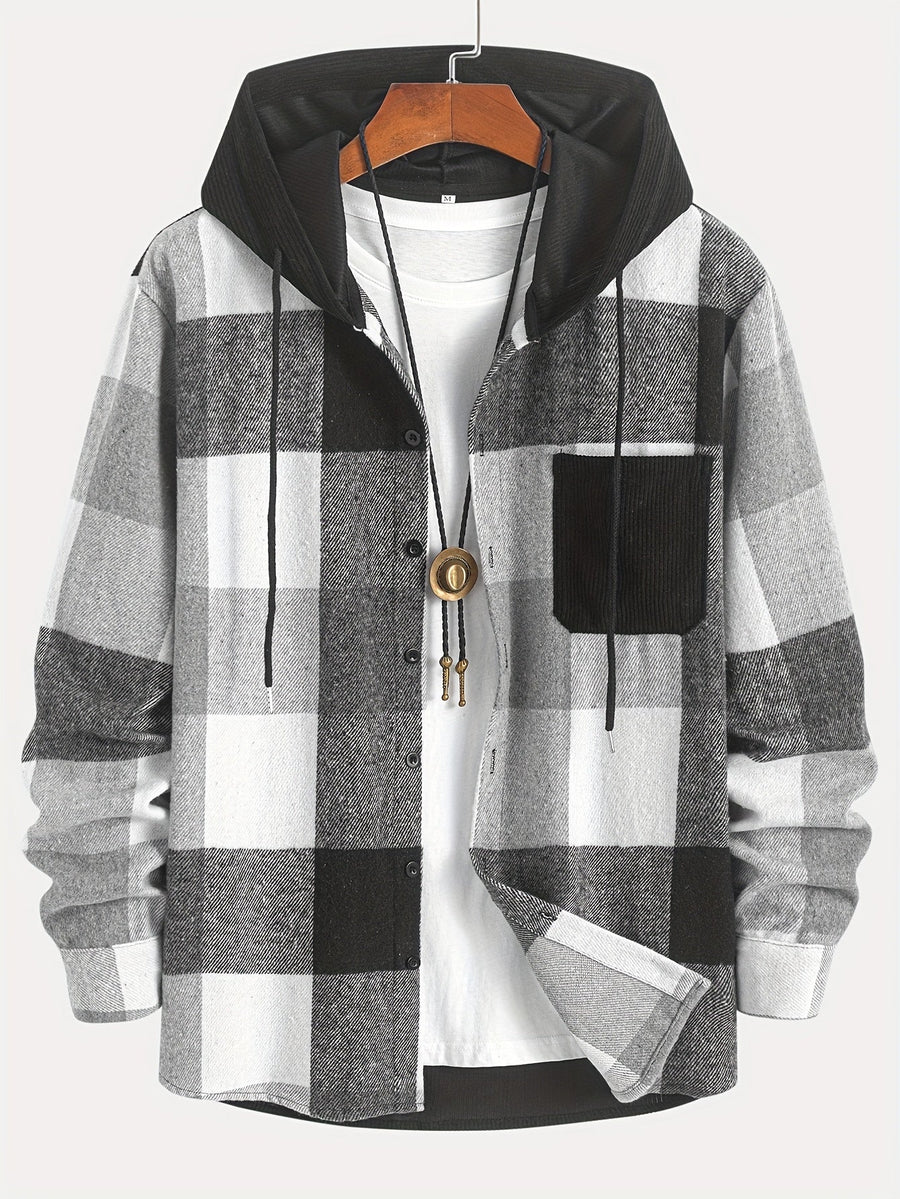 Rutig Overshirt med Huva för Herr, Brun Corduroy Huva och Bröstficka, Knappstängning