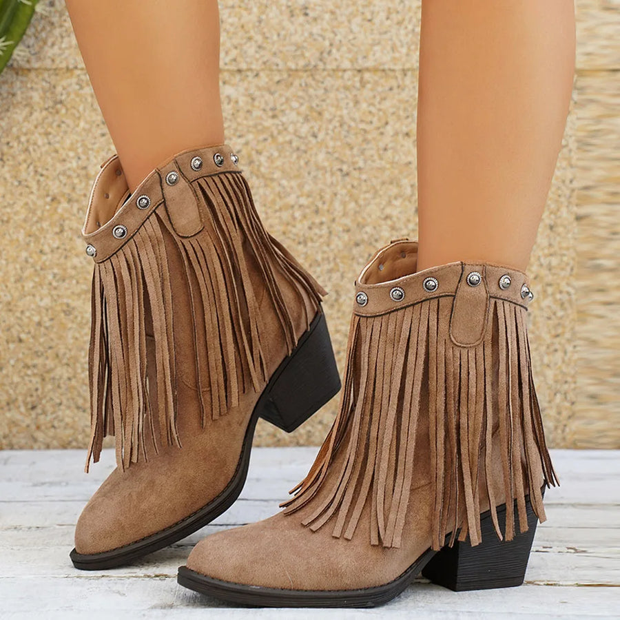 Dambooties med fransar och blockklack