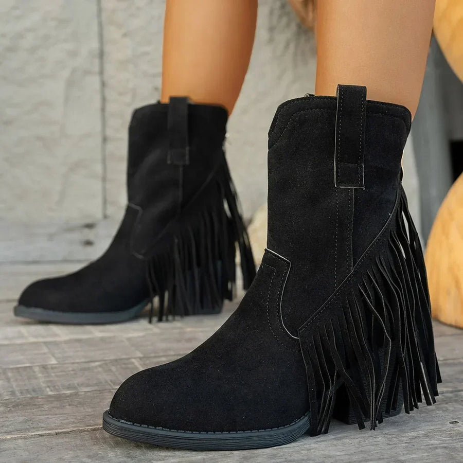 Dambooties med fransar och blockklack