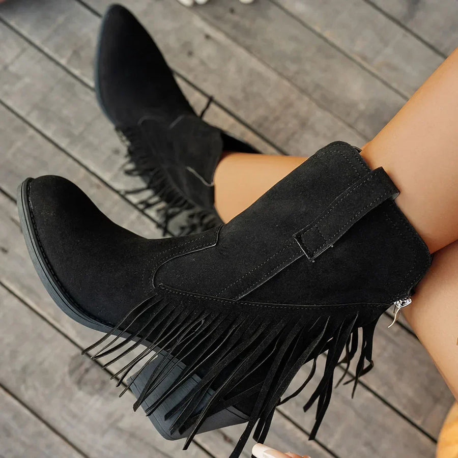 Dambooties med fransar och blockklack