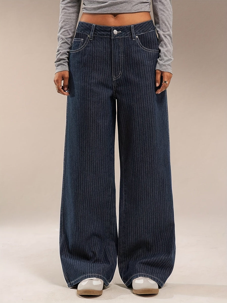 Mörkblå Ränder Vida Jeans för Dam