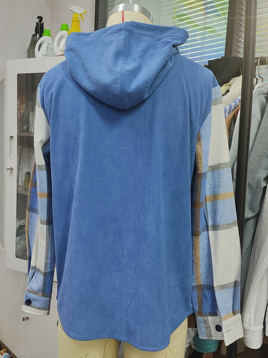 Rutig Overshirt med Huva för Herr, Brun Corduroy Huva och Bröstficka, Knappstängning