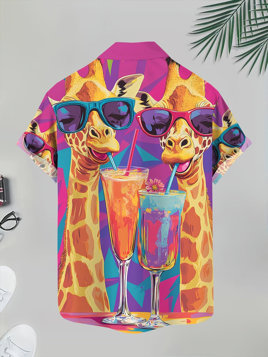 Herr Skjorta Med Giraff- och Drinkmotiv – Färgglad Sommarfestskjorta, Rolig & Trendig